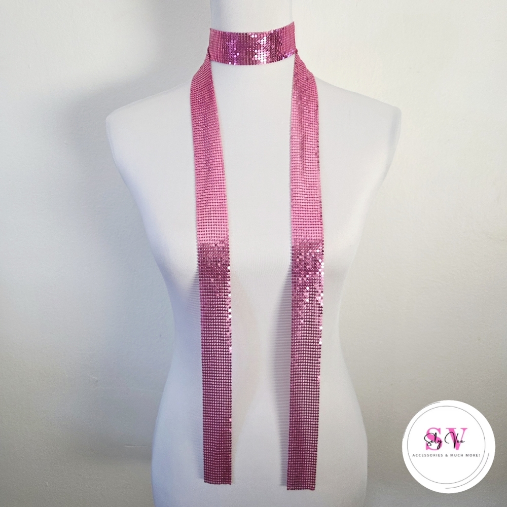 Pink sequin scarf necklace